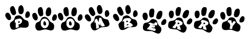 The image shows a series of animal paw prints arranged horizontally. Within each paw print, there's a letter; together they spell Poomberry
