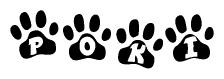 The image shows a series of animal paw prints arranged in a horizontal line. Each paw print contains a letter, and together they spell out the word Poki.