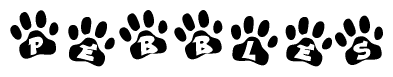 The image shows a series of animal paw prints arranged in a horizontal line. Each paw print contains a letter, and together they spell out the word Pebbles.
