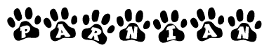 The image shows a series of animal paw prints arranged horizontally. Within each paw print, there's a letter; together they spell Parnian