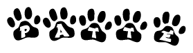 The image shows a series of animal paw prints arranged in a horizontal line. Each paw print contains a letter, and together they spell out the word Patte.
