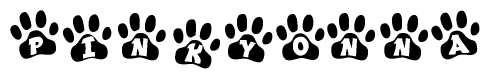 The image shows a series of animal paw prints arranged horizontally. Within each paw print, there's a letter; together they spell Pinkyonna