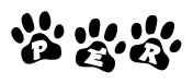 The image shows a row of animal paw prints, each containing a letter. The letters spell out the word Per within the paw prints.