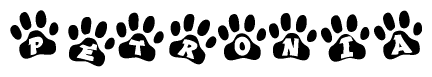 The image shows a row of animal paw prints, each containing a letter. The letters spell out the word Petronia within the paw prints.