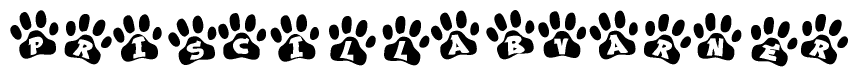 The image shows a series of animal paw prints arranged horizontally. Within each paw print, there's a letter; together they spell Priscillabvarner