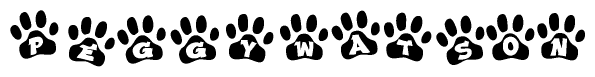 The image shows a row of animal paw prints, each containing a letter. The letters spell out the word Peggywatson within the paw prints.