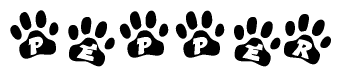 The image shows a row of animal paw prints, each containing a letter. The letters spell out the word Pepper within the paw prints.