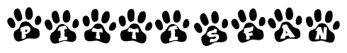 The image shows a series of animal paw prints arranged in a horizontal line. Each paw print contains a letter, and together they spell out the word Pittisfan.