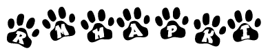 The image shows a row of animal paw prints, each containing a letter. The letters spell out the word Rmhapki within the paw prints.