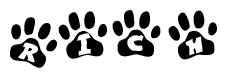 The image shows a series of animal paw prints arranged in a horizontal line. Each paw print contains a letter, and together they spell out the word Rich.