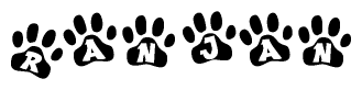 The image shows a series of animal paw prints arranged horizontally. Within each paw print, there's a letter; together they spell Ranjan