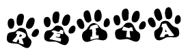 The image shows a series of animal paw prints arranged horizontally. Within each paw print, there's a letter; together they spell Reita