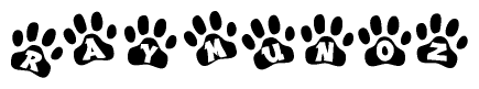 The image shows a row of animal paw prints, each containing a letter. The letters spell out the word Raymunoz within the paw prints.