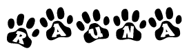The image shows a row of animal paw prints, each containing a letter. The letters spell out the word Rauna within the paw prints.