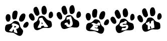 The image shows a series of animal paw prints arranged in a horizontal line. Each paw print contains a letter, and together they spell out the word Rajesh.