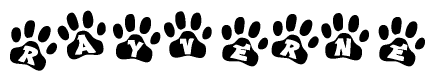 The image shows a series of animal paw prints arranged horizontally. Within each paw print, there's a letter; together they spell Rayverne