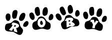 The image shows a series of animal paw prints arranged in a horizontal line. Each paw print contains a letter, and together they spell out the word Roby.