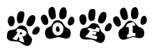 The image shows a series of animal paw prints arranged horizontally. Within each paw print, there's a letter; together they spell Roei