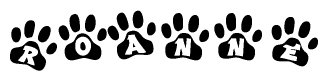 The image shows a series of animal paw prints arranged horizontally. Within each paw print, there's a letter; together they spell Roanne