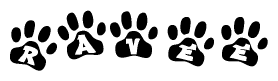 The image shows a row of animal paw prints, each containing a letter. The letters spell out the word Ravee within the paw prints.