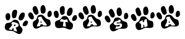 The image shows a series of animal paw prints arranged horizontally. Within each paw print, there's a letter; together they spell Ratasha
