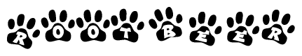 The image shows a series of animal paw prints arranged horizontally. Within each paw print, there's a letter; together they spell Rootbeer