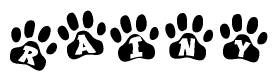 The image shows a series of animal paw prints arranged in a horizontal line. Each paw print contains a letter, and together they spell out the word Rainy.