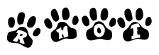 The image shows a series of animal paw prints arranged in a horizontal line. Each paw print contains a letter, and together they spell out the word Rhoi.
