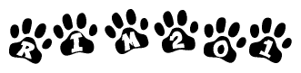 The image shows a series of animal paw prints arranged horizontally. Within each paw print, there's a letter; together they spell Rim201
