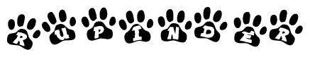 The image shows a series of animal paw prints arranged in a horizontal line. Each paw print contains a letter, and together they spell out the word Rupinder.