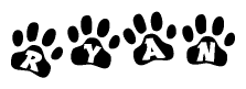 The image shows a series of animal paw prints arranged in a horizontal line. Each paw print contains a letter, and together they spell out the word Ryan.