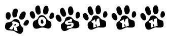 The image shows a series of animal paw prints arranged horizontally. Within each paw print, there's a letter; together they spell Roshhh
