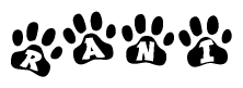 The image shows a row of animal paw prints, each containing a letter. The letters spell out the word Rani within the paw prints.