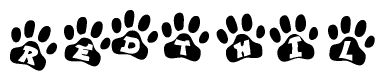 The image shows a row of animal paw prints, each containing a letter. The letters spell out the word Redthil within the paw prints.