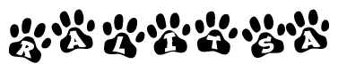 The image shows a series of animal paw prints arranged in a horizontal line. Each paw print contains a letter, and together they spell out the word Ralitsa.