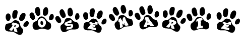 The image shows a row of animal paw prints, each containing a letter. The letters spell out the word Rosemarie within the paw prints.