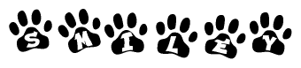 The image shows a series of animal paw prints arranged horizontally. Within each paw print, there's a letter; together they spell Smiley