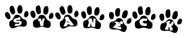 The image shows a series of animal paw prints arranged horizontally. Within each paw print, there's a letter; together they spell Svaneck