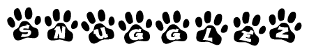 The image shows a series of animal paw prints arranged horizontally. Within each paw print, there's a letter; together they spell Snugglez
