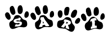 The image shows a series of animal paw prints arranged in a horizontal line. Each paw print contains a letter, and together they spell out the word Sari.