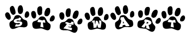 The image shows a row of animal paw prints, each containing a letter. The letters spell out the word Stewart within the paw prints.