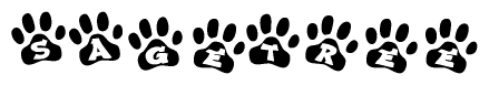 The image shows a series of animal paw prints arranged horizontally. Within each paw print, there's a letter; together they spell Sagetree