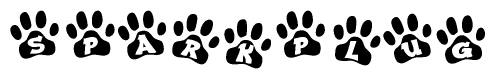 The image shows a series of animal paw prints arranged in a horizontal line. Each paw print contains a letter, and together they spell out the word Sparkplug.