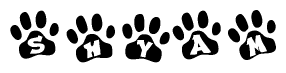 The image shows a series of animal paw prints arranged horizontally. Within each paw print, there's a letter; together they spell Shyam