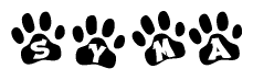 The image shows a series of animal paw prints arranged horizontally. Within each paw print, there's a letter; together they spell Syma