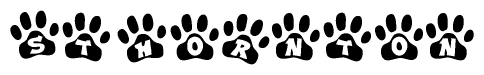 The image shows a row of animal paw prints, each containing a letter. The letters spell out the word Sthornton within the paw prints.