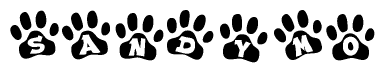 The image shows a row of animal paw prints, each containing a letter. The letters spell out the word Sandymo within the paw prints.