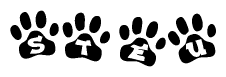 The image shows a series of animal paw prints arranged horizontally. Within each paw print, there's a letter; together they spell Steu