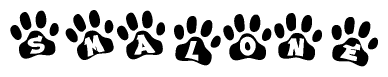 The image shows a series of animal paw prints arranged in a horizontal line. Each paw print contains a letter, and together they spell out the word Smalone.