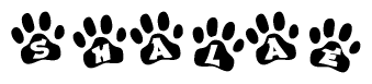 The image shows a series of animal paw prints arranged horizontally. Within each paw print, there's a letter; together they spell Shalae